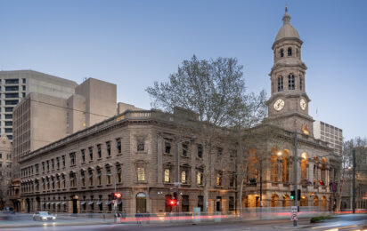 Adelaide Town Hall with its completed facade restoration in the evening