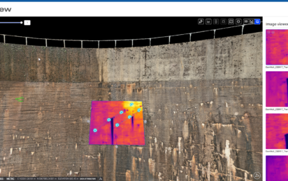 Thermal imaging inspection of water infrastructure showing temperature variations across a concrete wall and associated asset components.