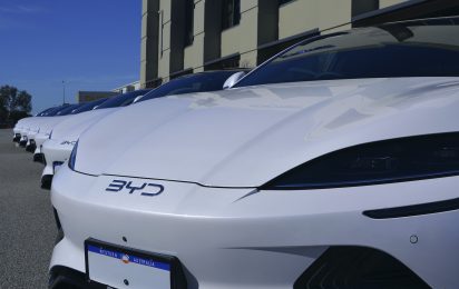 Close up new BYDE Seal car line up outside Duratec Wangara office, WA